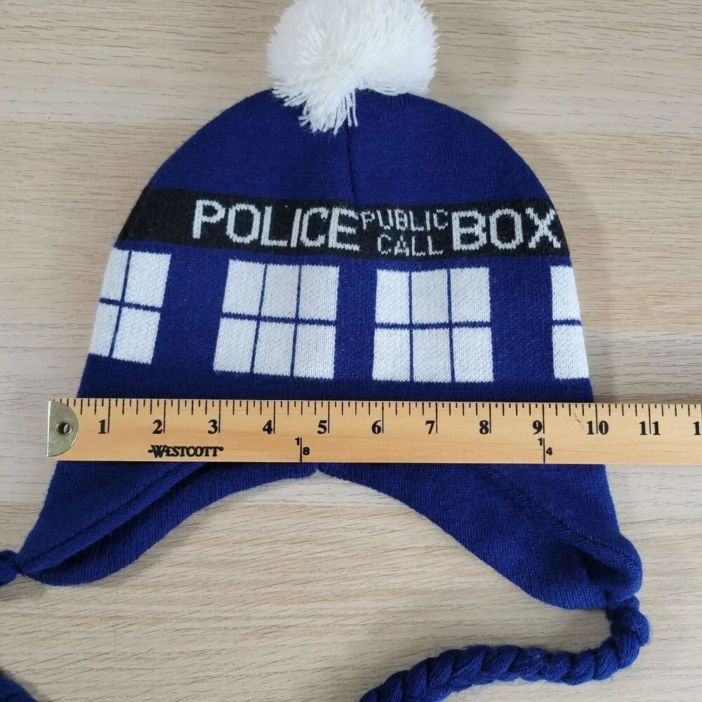 Doctor Who BBC Tardis Hat Laplander Knit Winter Hanging Tassels Police Box Pom